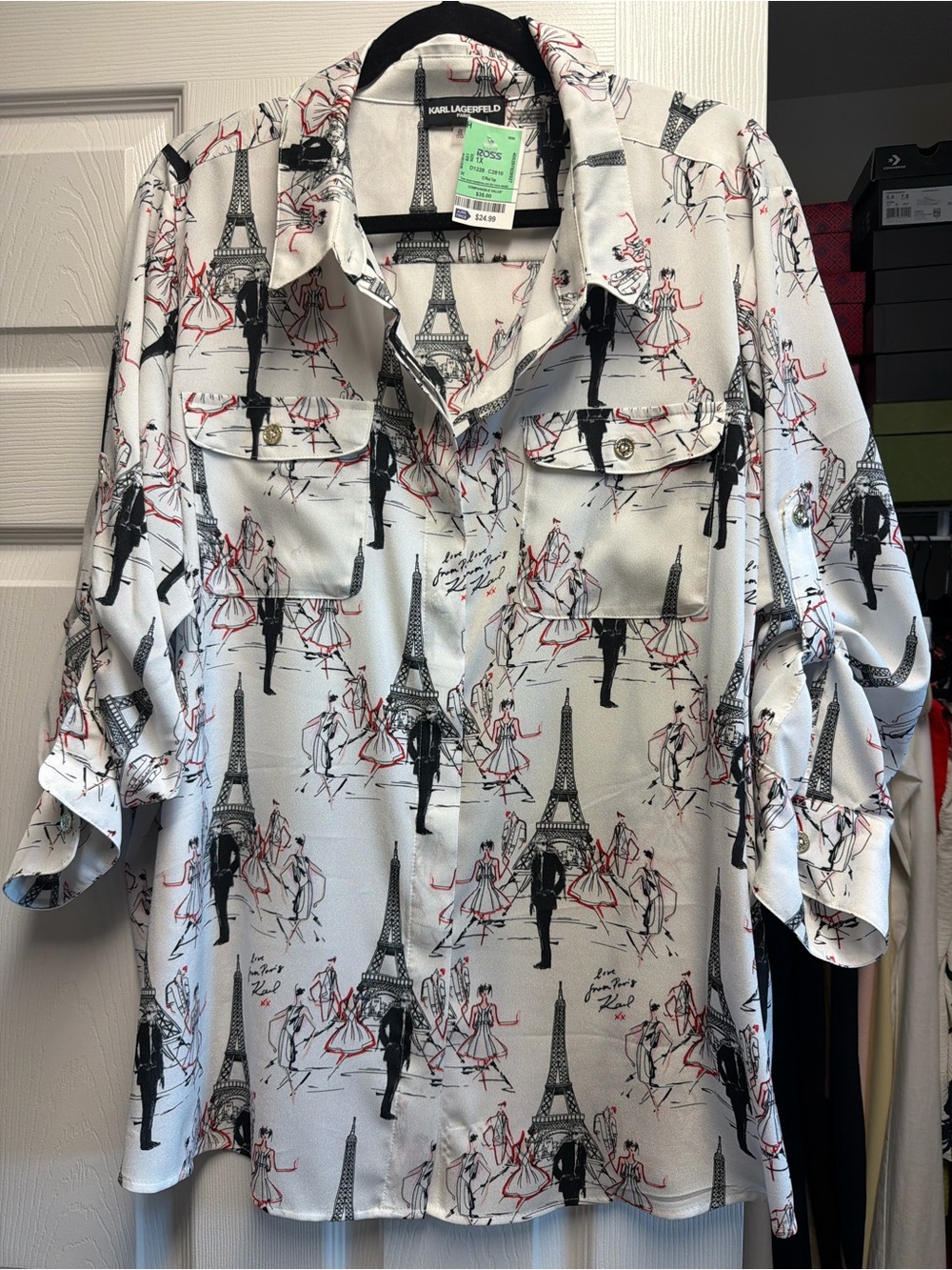 Karl Lagerfeld White Blouse with Black Eiffel Tower and Red Accent Print